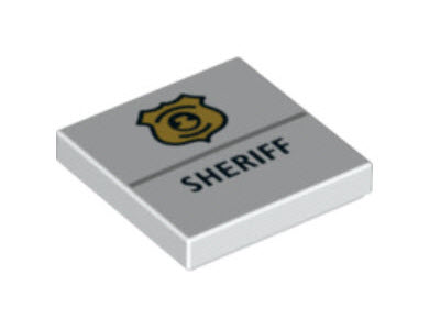 Display of LEGO part no. 3068bpb1102 Tile 2 x 2 with Groove with Gold Police Badge and Black 'SHERIFF' Pattern  which is a White Tile 2 x 2 with Groove with Gold Police Badge and Black 'SHERIFF' Pattern 