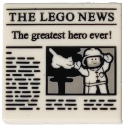 Display of LEGO part no. 3068bpb1105 Tile 2 x 2 with Groove with Newspaper 'THE LEGO NEWS' and 'The greatest hero ever!' Pattern  which is a White Tile 2 x 2 with Groove with Newspaper 'THE LEGO NEWS' and 'The greatest hero ever!' Pattern 