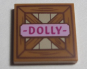 Display of LEGO part no. 3068bpb1117 Tile 2 x 2 with Groove with Wooden Fence and Bright Pink Name Tag with Magenta 'DOLLY' Pattern  which is a Medium Nougat Tile 2 x 2 with Groove with Wooden Fence and Bright Pink Name Tag with Magenta 'DOLLY' Pattern 