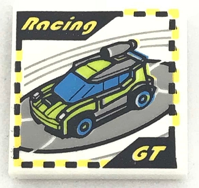 Display of LEGO part no. 3068bpb1141 Tile 2 x 2 with Groove with 'Racing', 'GT' and Race Car Video Game Pattern  which is a White Tile 2 x 2 with Groove with 'Racing', 'GT' and Race Car Video Game Pattern 