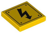 Display of LEGO part no. 3068bpb1152 Tile 2 x 2 with Groove with Electricity Danger Sign and Rivets Pattern  which is a Yellow Tile 2 x 2 with Groove with Electricity Danger Sign and Rivets Pattern 