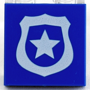 Display of LEGO part no. 3068bpb1153 Tile 2 x 2 with Groove with White Police Badge with Star Pattern  which is a Blue Tile 2 x 2 with Groove with White Police Badge with Star Pattern 