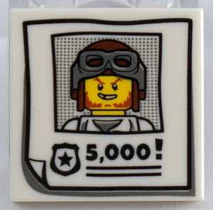 Display of LEGO part no. 3068bpb1154 Tile 2 x 2 with Groove with Criminal Wanted Poster and '5,000!' Pattern  which is a White Tile 2 x 2 with Groove with Criminal Wanted Poster and '5,000!' Pattern 