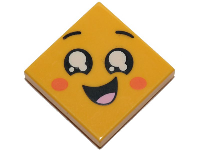 Display of LEGO part no. 3068bpb1199 Tile 2 x 2 with Groove with Face, Smile Open Mouth, Black Eyes with White Pupils, Raised Eyebrows, Orange Cheeks Pattern  which is a Yellow Tile 2 x 2 with Groove with Face, Smile Open Mouth, Black Eyes with White Pupils, Raised Eyebrows, Orange Cheeks Pattern 