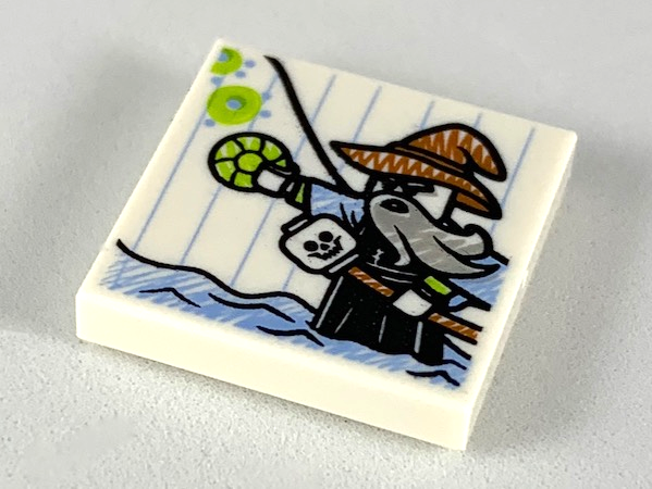 Display of LEGO part no. 3068bpb1234 Tile 2 x 2 with Groove with Child's Drawing, Man Standing in Water with Jewel and Skull Staff Pattern  which is a White Tile 2 x 2 with Groove with Child's Drawing, Man Standing in Water with Jewel and Skull Staff Pattern 