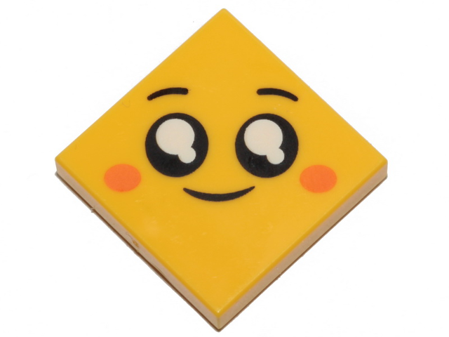 Display of LEGO part no. 3068bpb1247 Tile 2 x 2 with Groove with Face, Smile, Black Eyes with White Pupils, Orange Cheeks Pattern  which is a Yellow Tile 2 x 2 with Groove with Face, Smile, Black Eyes with White Pupils, Orange Cheeks Pattern 