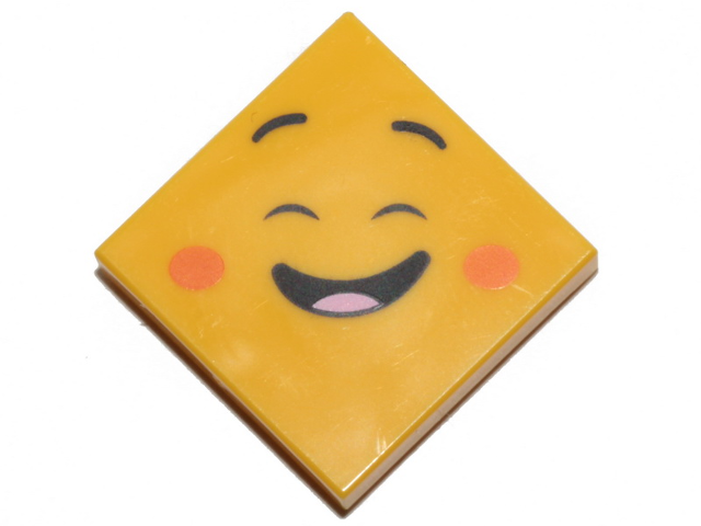 Display of LEGO part no. 3068bpb1251 Tile 2 x 2 with Groove with Face, Cheerful, Closed Eyes, Raised Eyebrows, Orange Cheeks Pattern  which is a Yellow Tile 2 x 2 with Groove with Face, Cheerful, Closed Eyes, Raised Eyebrows, Orange Cheeks Pattern 
