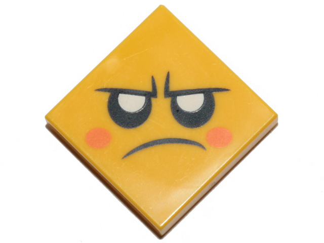 Display of LEGO part no. 3068bpb1252 Tile 2 x 2 with Groove with Face, Angry, Black Eyes with White Pupils, Orange Cheeks Pattern  which is a Yellow Tile 2 x 2 with Groove with Face, Angry, Black Eyes with White Pupils, Orange Cheeks Pattern 