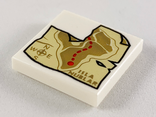 Display of LEGO part no. 3068bpb1253 Tile 2 x 2 with Groove with Isla Nublar Map Pattern  which is a White Tile 2 x 2 with Groove with Isla Nublar Map Pattern 