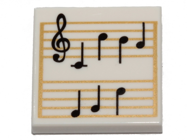 Display of LEGO part no. 3068bpb1291 Tile 2 x 2 with Groove with Music Notes Pattern  which is a White Tile 2 x 2 with Groove with Music Notes Pattern 