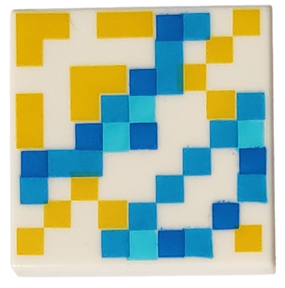 Display of LEGO part no. 3068bpb1322 Tile 2 x 2 with Groove with Minecraft Pixelated Yellow and Blue Pattern  which is a White Tile 2 x 2 with Groove with Minecraft Pixelated Yellow and Blue Pattern 