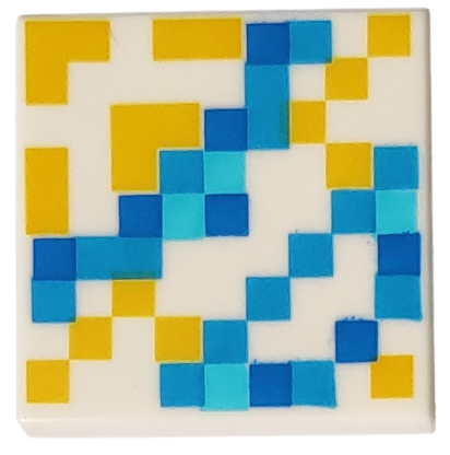 Display of LEGO part no. 3068bpb1322 Tile 2 x 2 with Groove with Minecraft Pixelated Yellow, Dark Azure, Medium Azure, and Blue Glazed Terracotta Pattern  which is a White Tile 2 x 2 with Groove with Minecraft Pixelated Yellow, Dark Azure, Medium Azure, and Blue Glazed Terracotta Pattern 