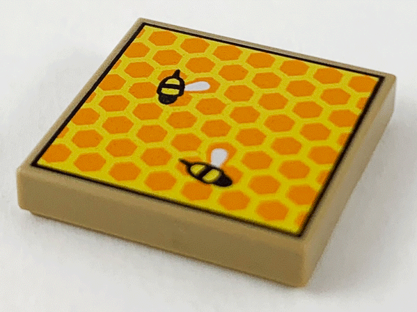 Display of LEGO part no. 3068bpb1489 Tile 2 x 2 with Groove with Beehive Frame and 2 Bees Pattern  which is a Dark Tan Tile 2 x 2 with Groove with Beehive Frame and 2 Bees Pattern 