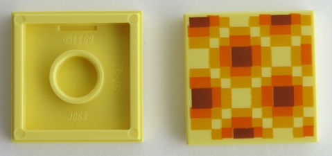Display of LEGO part no. 3068bpb1494 Tile 2 x 2 with Groove with Honeycomb Minecraft Pixelated Pattern  which is a Bright Light Yellow Tile 2 x 2 with Groove with Honeycomb Minecraft Pixelated Pattern 