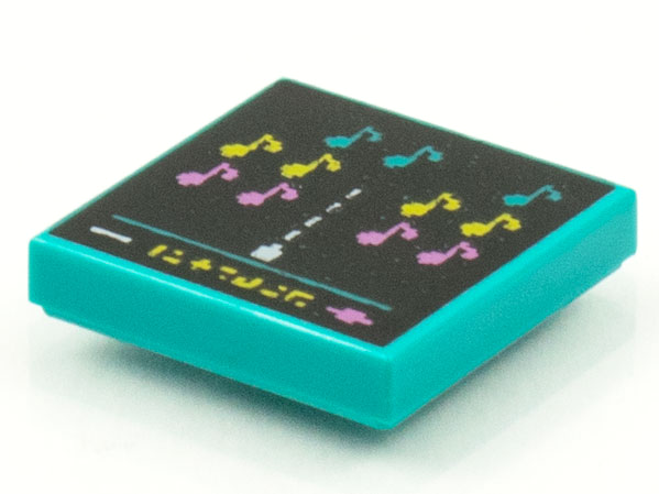 Display of LEGO part no. 3068bpb1535 Tile 2 x 2 with Groove with BeatBit Album Cover, Music Notes in Space Invaders-Style Pattern  which is a Dark Turquoise Tile 2 x 2 with Groove with BeatBit Album Cover, Music Notes in Space Invaders-Style Pattern 