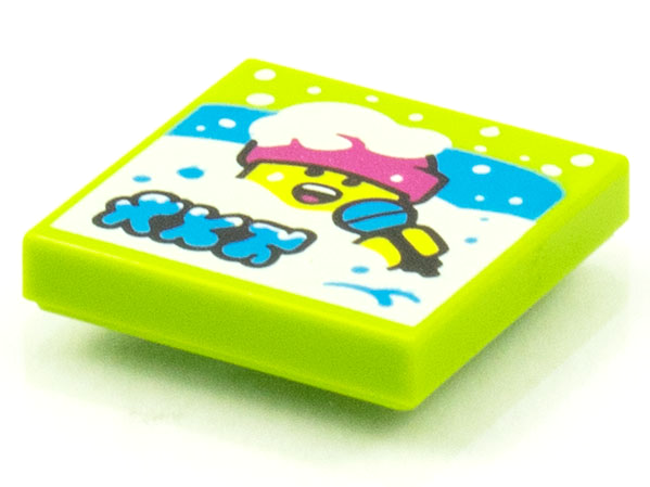 Display of LEGO part no. 3068bpb1537 Tile 2 x 2 with Groove with BeatBit Album Cover, Singer in Deep Snow Pattern  which is a Lime Tile 2 x 2 with Groove with BeatBit Album Cover, Singer in Deep Snow Pattern 