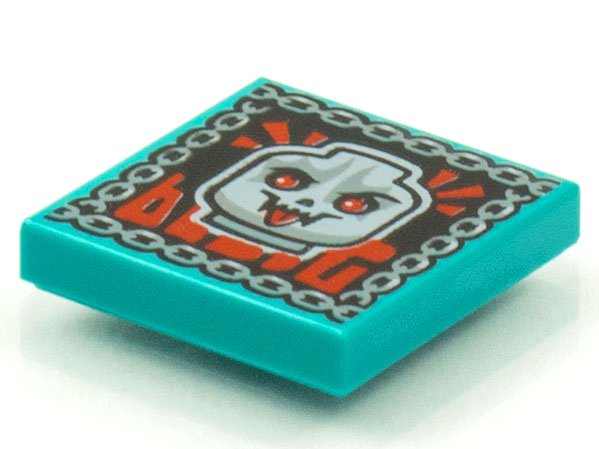 Display of LEGO part no. 3068bpb1548 Tile 2 x 2 with Groove with BeatBit Album Cover, Skull with Red Eyes and Tongue Pattern  which is a Dark Turquoise Tile 2 x 2 with Groove with BeatBit Album Cover, Skull with Red Eyes and Tongue Pattern 