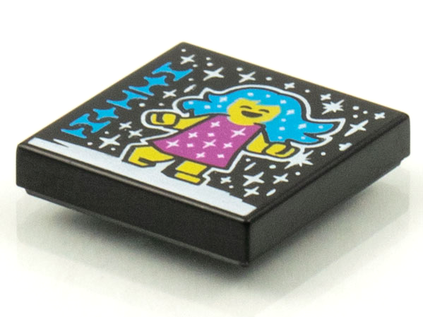 Display of LEGO part no. 3068bpb1555 Tile 2 x 2 with Groove with BeatBit Album Cover, Girl with Dark Azure Hair, Magenta Dress and White Stars Pattern  which is a Black Tile 2 x 2 with Groove with BeatBit Album Cover, Girl with Dark Azure Hair, Magenta Dress and White Stars Pattern 