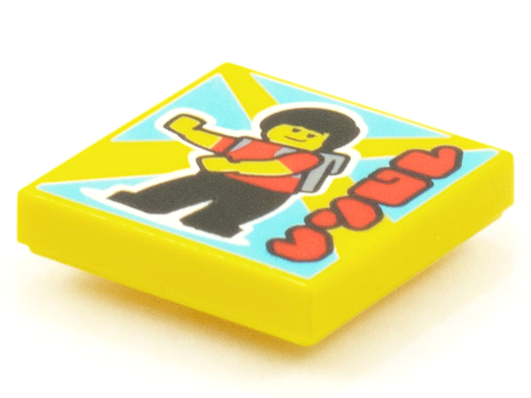Display of LEGO part no. 3068bpb1557 Tile 2 x 2 with Groove with BeatBit Album Cover, Minifigure with Backpack Dancing Pattern  which is a Yellow Tile 2 x 2 with Groove with BeatBit Album Cover, Minifigure with Backpack Dancing Pattern 