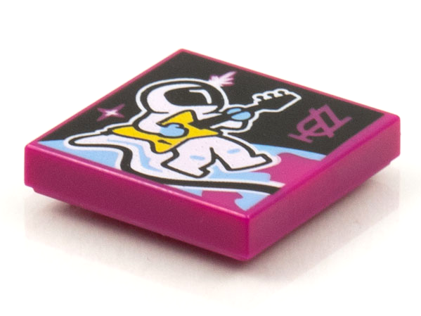 Display of LEGO part no. 3068bpb1584 Tile 2 x 2 with Groove with BeatBit Album Cover, Astronaut Playing Guitar Pattern  which is a Magenta Tile 2 x 2 with Groove with BeatBit Album Cover, Astronaut Playing Guitar Pattern 