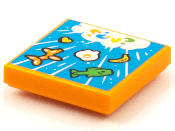 Display of LEGO part no. 3068bpb1591 Tile 2 x 2 with Groove with BeatBit Album Cover, Raining Fish, Banana, Balloon Animal and Egg Pattern  which is a Orange Tile 2 x 2 with Groove with BeatBit Album Cover, Raining Fish, Banana, Balloon Animal and Egg Pattern 