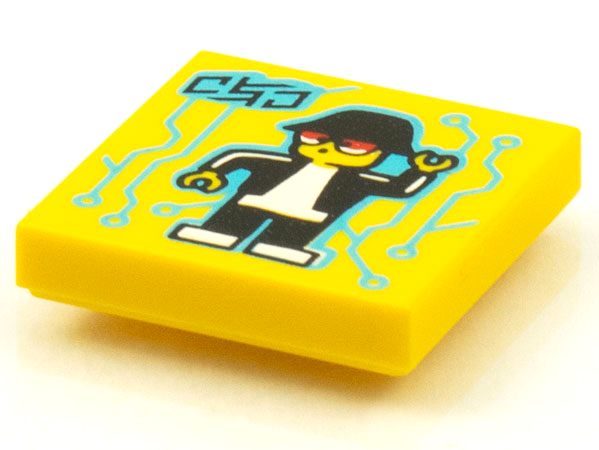 Display of LEGO part no. 3068bpb1593 Tile 2 x 2 with Groove with BeatBit Album Cover, Minifigure Dancing Robot with Medium Azure Circuitry Pattern  which is a Yellow Tile 2 x 2 with Groove with BeatBit Album Cover, Minifigure Dancing Robot with Medium Azure Circuitry Pattern 