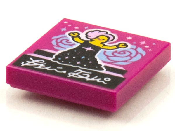 Display of LEGO part no. 3068bpb1601 Tile 2 x 2 with Groove with BeatBit Album Cover, Singer with Pink Hair in Black Dress Pattern  which is a Magenta Tile 2 x 2 with Groove with BeatBit Album Cover, Singer with Pink Hair in Black Dress Pattern 