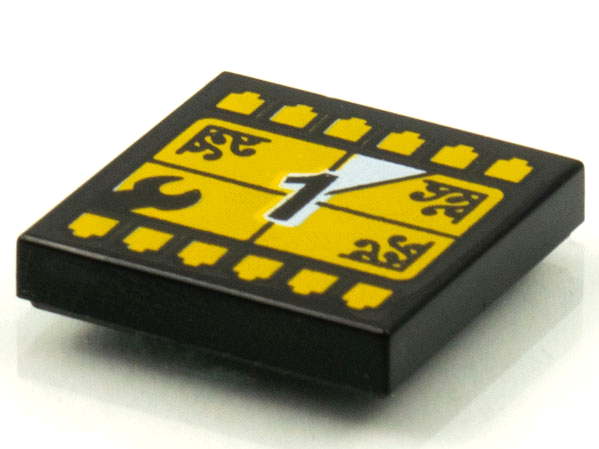 Display of LEGO part no. 3068bpb1603 Tile 2 x 2 with Groove with BeatBit Album Cover, Yellow TV Screen Countdown Number 1 Pattern  which is a Black Tile 2 x 2 with Groove with BeatBit Album Cover, Yellow TV Screen Countdown Number 1 Pattern 