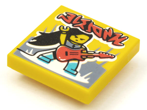 Display of LEGO part no. 3068bpb1630 Tile 2 x 2 with Groove with BeatBit Album Cover, Rock Guitarist Pattern  which is a Yellow Tile 2 x 2 with Groove with BeatBit Album Cover, Rock Guitarist Pattern 