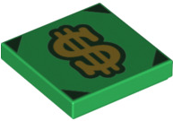 Display of LEGO part no. 3068bpb1735 Tile 2 x 2 with Groove with Gold Dollar Sign and Dark Corners Pattern  which is a Green Tile 2 x 2 with Groove with Gold Dollar Sign and Dark Corners Pattern 