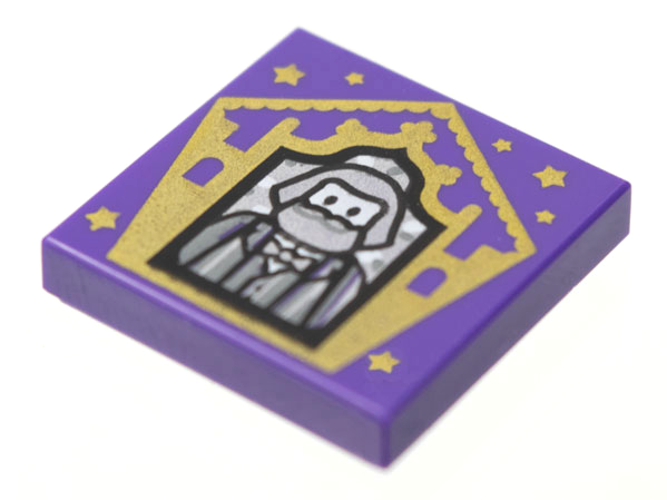 Display of LEGO part no. 3068bpb1736 Tile 2 x 2 with Groove with Chocolate Frog Card Bertie Bott Pattern  which is a Dark Purple Tile 2 x 2 with Groove with Chocolate Frog Card Bertie Bott Pattern 