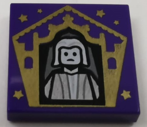 Display of LEGO part no. 3068bpb1739 Tile 2 x 2 with Groove with Chocolate Frog Card Nicholas Flamel Pattern  which is a Dark Purple Tile 2 x 2 with Groove with Chocolate Frog Card Nicholas Flamel Pattern 