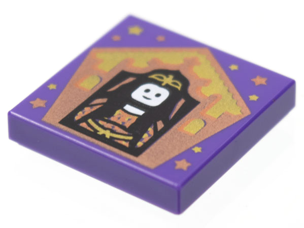 Display of LEGO part no. 3068bpb1740 Tile 2 x 2 with Groove with Chocolate Frog Card Rowena Ravenclaw Pattern  which is a Dark Purple Tile 2 x 2 with Groove with Chocolate Frog Card Rowena Ravenclaw Pattern 