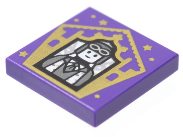 Display of LEGO part no. 3068bpb1741 Tile 2 x 2 with Groove with Chocolate Frog Card Jocunda Sykes Pattern  which is a Dark Purple Tile 2 x 2 with Groove with Chocolate Frog Card Jocunda Sykes Pattern 