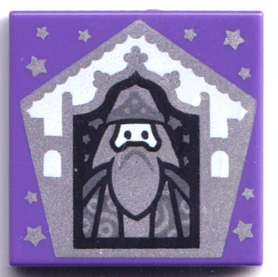 Display of LEGO part no. 3068bpb1742 Tile 2 x 2 with Groove with Chocolate Frog Card Albus Dumbledore Silver Pattern  which is a Dark Purple Tile 2 x 2 with Groove with Chocolate Frog Card Albus Dumbledore Silver Pattern 