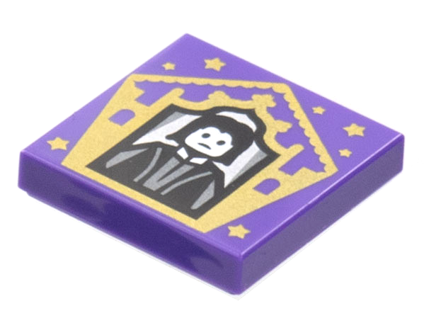 Display of LEGO part no. 3068bpb1744 Tile 2 x 2 with Groove with Chocolate Frog Card Severus Snape Pattern  which is a Dark Purple Tile 2 x 2 with Groove with Chocolate Frog Card Severus Snape Pattern 
