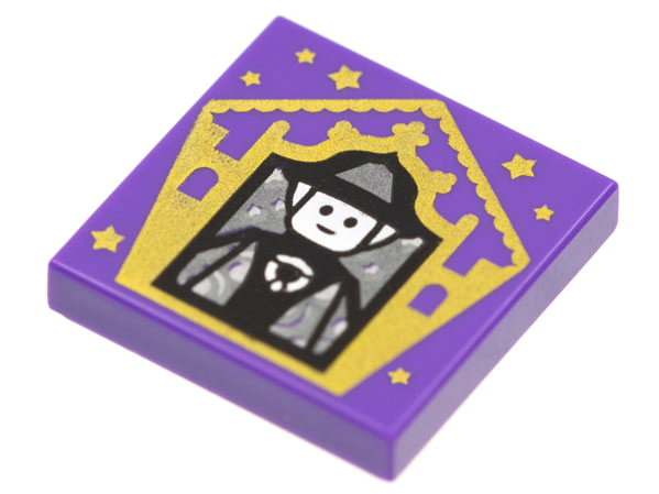 Display of LEGO part no. 3068bpb1746 Tile 2 x 2 with Groove with Chocolate Frog Card Minerva McGonagall Pattern  which is a Dark Purple Tile 2 x 2 with Groove with Chocolate Frog Card Minerva McGonagall Pattern 