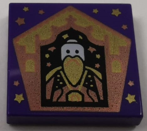 Display of LEGO part no. 3068bpb1748 Tile 2 x 2 with Groove with Chocolate Frog Card Salazar Slytherin Pattern  which is a Dark Purple Tile 2 x 2 with Groove with Chocolate Frog Card Salazar Slytherin Pattern 