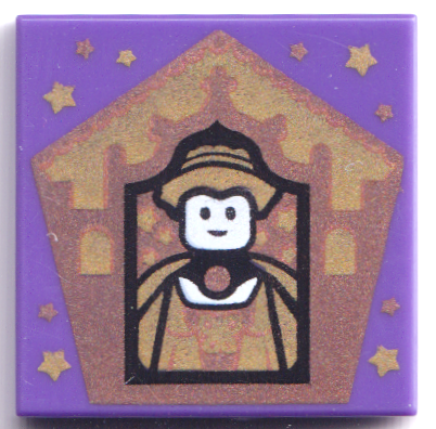 Display of LEGO part no. 3068bpb1749 Tile 2 x 2 with Groove with Chocolate Frog Card Helga Hufflepuff Pattern  which is a Dark Purple Tile 2 x 2 with Groove with Chocolate Frog Card Helga Hufflepuff Pattern 