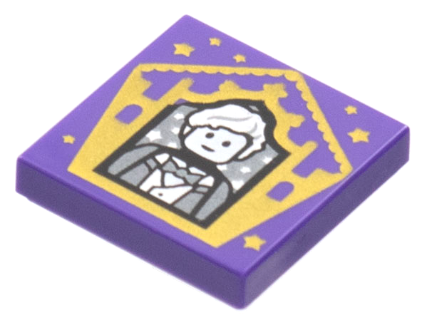 Display of LEGO part no. 3068bpb1751 Tile 2 x 2 with Groove with Chocolate Frog Card Newt Scamander Pattern  which is a Dark Purple Tile 2 x 2 with Groove with Chocolate Frog Card Newt Scamander Pattern 