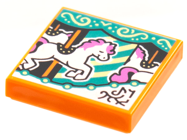Display of LEGO part no. 3068bpb1780 Tile 2 x 2 with Groove with BeatBit Album Cover, Carousel Horse Pattern  which is a Orange Tile 2 x 2 with Groove with BeatBit Album Cover, Carousel Horse Pattern 