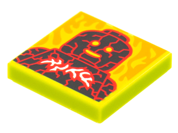 Display of LEGO part no. 3068bpb1782 Tile 2 x 2 with Groove with BeatBit Album Cover, Lava Minifigure with Cracks and Fire Pattern  which is a Lime Tile 2 x 2 with Groove with BeatBit Album Cover, Lava Minifigure with Cracks and Fire Pattern 