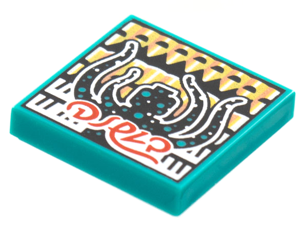 Display of LEGO part no. 3068bpb1783 Tile 2 x 2 with Groove with BeatBit Album Cover, Black Minifigure with Tentacles and Spots Pattern  which is a Dark Turquoise Tile 2 x 2 with Groove with BeatBit Album Cover, Black Minifigure with Tentacles and Spots Pattern 
