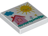Display of LEGO part no. 3068bpb1882 Tile 2 x 2 with Groove with Drawing of Cloud, Sun, House, and Flowers Pattern  which is a White Tile 2 x 2 with Groove with Drawing of Cloud, Sun, House, and Flowers Pattern 