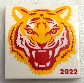 Display of LEGO part no. 3068bpb1891 Tile 2 x 2 with Groove with Bright Light Orange and Red Tiger Head and '2022' Pattern (BAM)  which is a White Tile 2 x 2 with Groove with Bright Light Orange and Red Tiger Head and '2022' Pattern (BAM) 