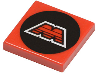 Display of LEGO part no. 3068p68 Tile 2 x 2 with M:Tron Logo Pattern  which is a Red Tile 2 x 2 with M:Tron Logo Pattern 