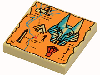 Display of LEGO part no. 3068px19 Tile 2 x 2 with Map Orange and Hieroglyphs, 40 Pattern  which is a Tan Tile 2 x 2 with Map Orange and Hieroglyphs, 40 Pattern 