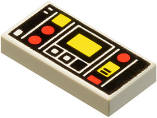 Display of LEGO part no. 3069bp68 Tile 1 x 2 with Groove with Red and Yellow Controls and Two Stripes on Left Pattern  which is a White Tile 1 x 2 with Groove with Red and Yellow Controls and Two Stripes on Left Pattern 