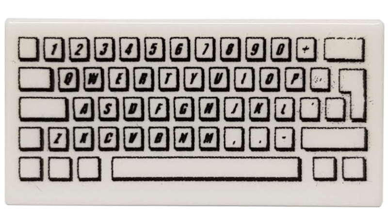 Display of LEGO part no. 3069bpb0030 Tile 1 x 2 with Groove with Computer Keyboard Standard Pattern  which is a White Tile 1 x 2 with Groove with Computer Keyboard Standard Pattern 