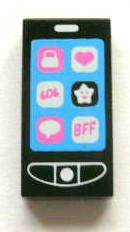 Display of LEGO part no. 3069bpb0277 Tile 1 x 2 with Groove with Smartphone with 'BFF', 'LOL', Heart, Lock, Speech Bubble and Star Pattern  which is a Black Tile 1 x 2 with Groove with Smartphone with 'BFF', 'LOL', Heart, Lock, Speech Bubble and Star Pattern 